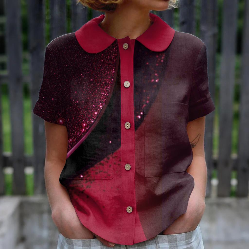 Women's Casual Fashionable Printing O Neck Button Short Sleeved Top