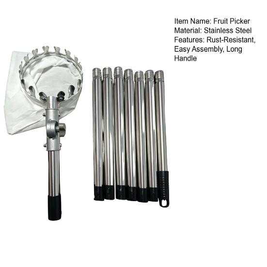 Long Handle Fruit Picker Metal Fruit Harvesting Claw with Cloth Bag Stainless Steel Pole Adjustable Tree Fruit Harvester for Apples