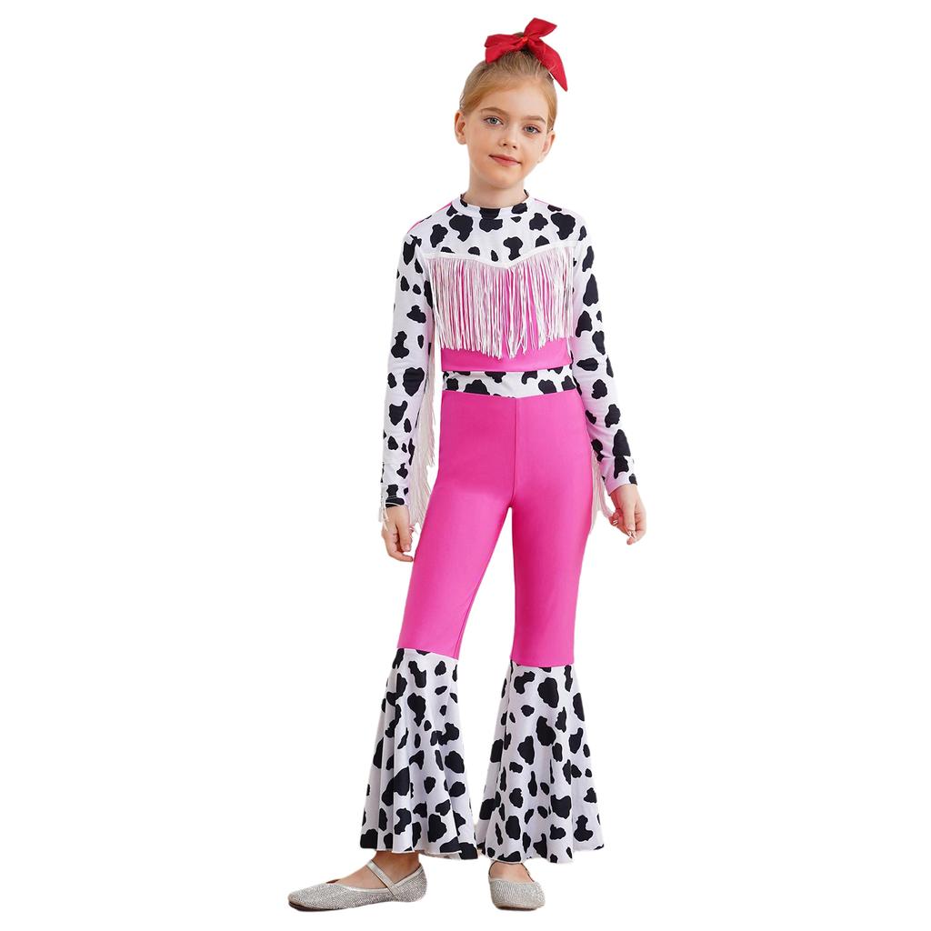 Kids Western Cowboy Costume Long Sleeve High Waist Bodysuit Fringe Cow Print Flared Jumpsuit Halloween Outfit