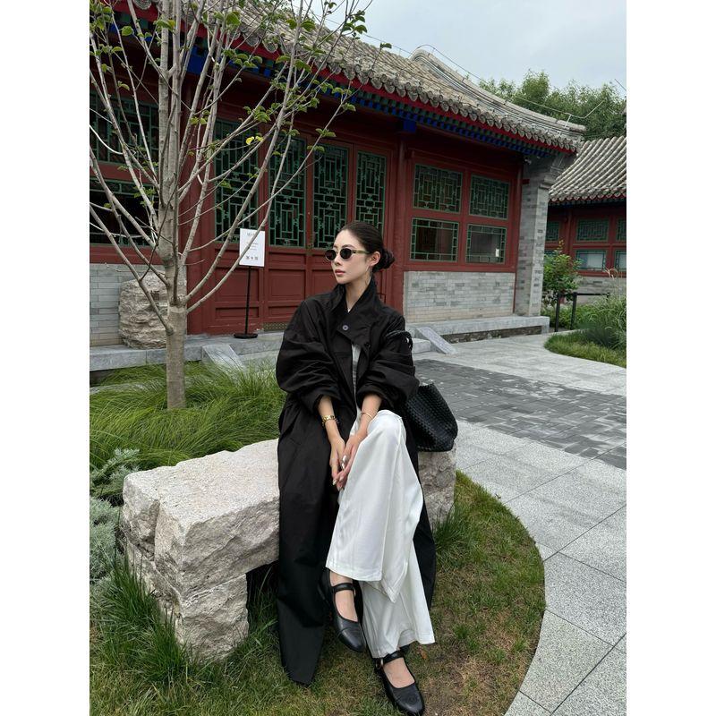 Kumikumi Fancy Beige Apricot Single-Breasted Strap Trench Coat Outwear Women's Autumn Loose Casual Pants Two-piece Set