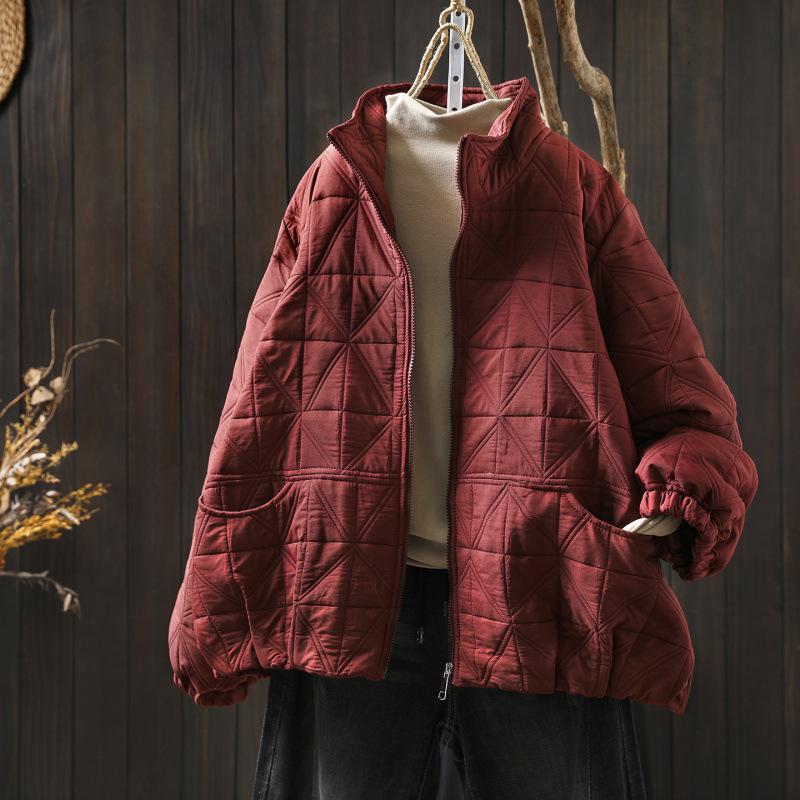 Johnature Women Vintage Winter Zipper Jackets Turtleneck Solid Color Long Sleeve Patchwork Pockets Casual Jackets Coats