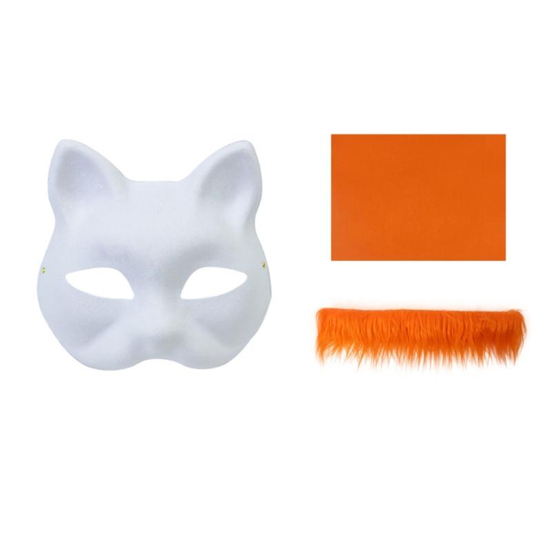 Unpainted Foxes Mask Masquerade Mask Anime Cosplay Mask Hand-Painted Cats Mask with Furs Half Face Mask for Halloween