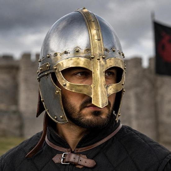 Medieval Steel Helmet with Brass Trim, Viking Knight LARP Armor, Historical Warrior Cosplay Costume