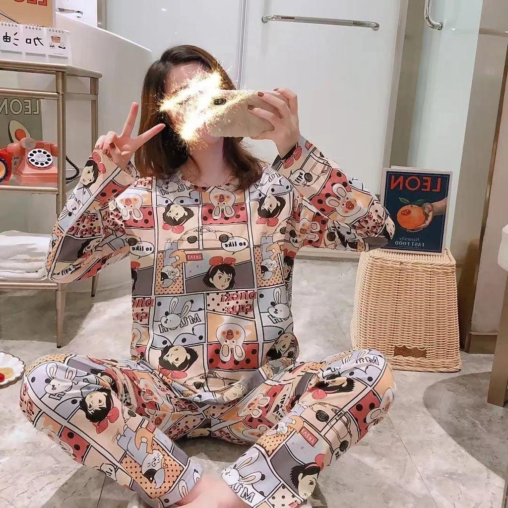 Women's Long-Sleeve Cartoon Pajama Set - Cute Korean Style Homewear for Autumn, Winter, Spring - Plus Size Available