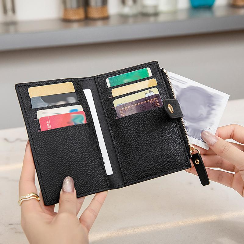 Women's ultra-thin pocket with multiple card slots wallet, minimalist double fold credit card clip, zippered zero wallet
