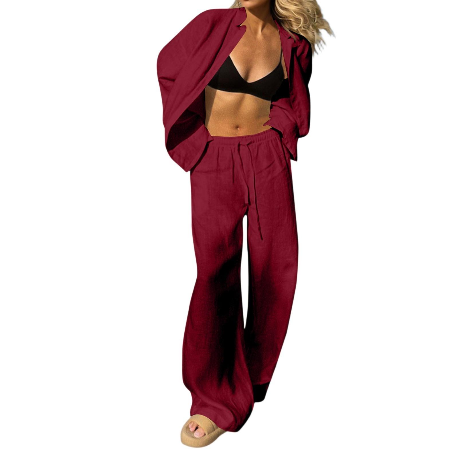 

Женские комплекты из 2 предметов: Топы с длинным рукавом с драпировкой + Брюки с широкими штанинами, Комплекты для тренировок XXL винный