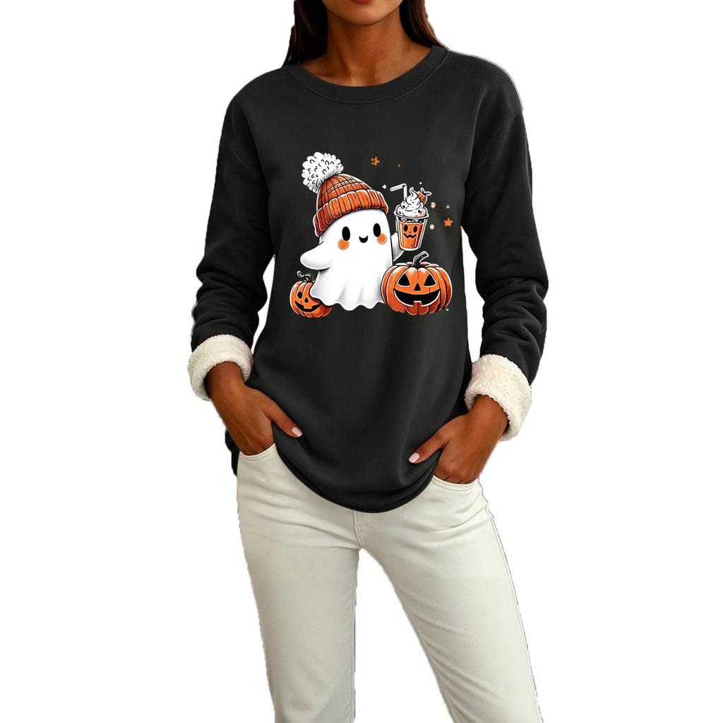 Women's -Lined Long Sleeve Round Neck Sweatshirt with Halloween Print for Winter Casual Wear