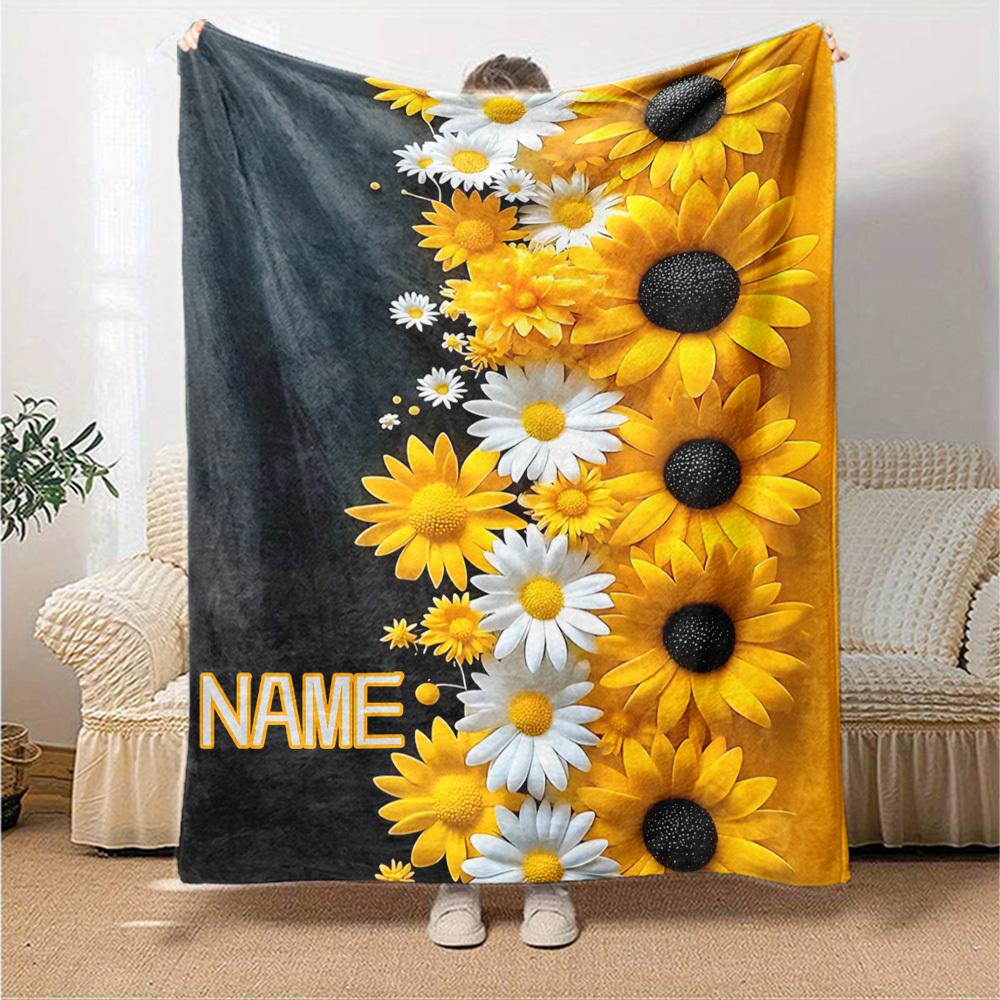 Sunflower And Daisy Floral Border With Placeholder Lightweight Customizable Blanket Personalized Name Soft Warm Cozy Throw For Sofa Couch Office Bed