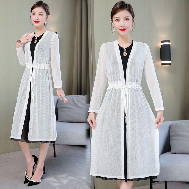 Summer Long Over The Knee Cardigan Women's Plus Size Long Sleeved Solid Color Sunscreen Jacket Slim Lace Waistband Cardigan