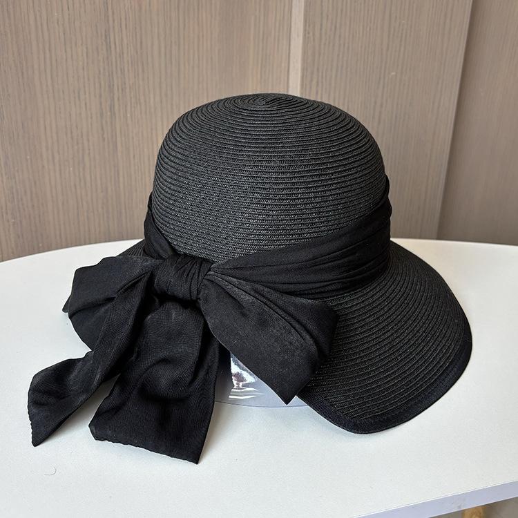 

Весняно-літній капелюх з соломи з бантом і стрічками, з розрізом ззаду, складаний, сонцезахисний, пляжний капелюх, дихаючий сонцезахисний капелюх M（56-58cm） чорний