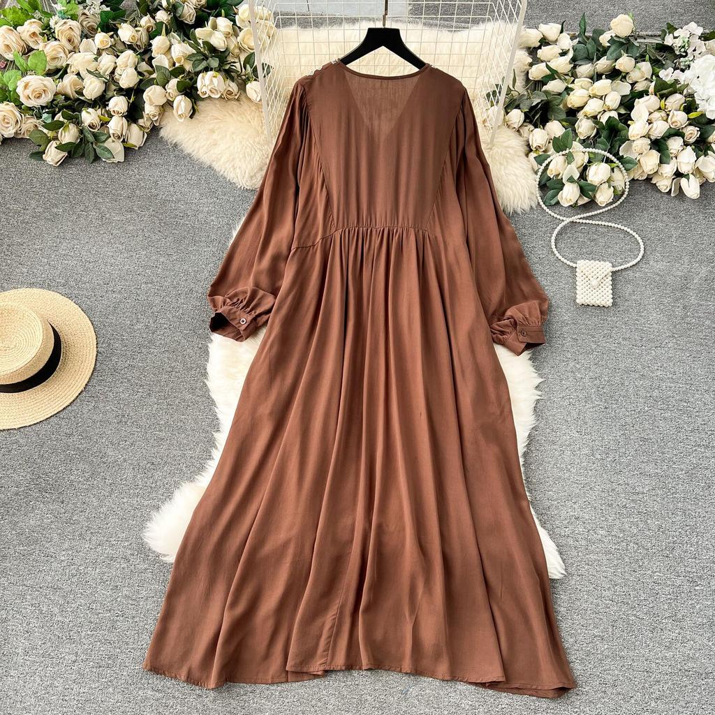 EWQ Ricamo Scollo A V Puff Manica Lunga Vita Alta Una Linea Abiti Dolce Stile Vestito da Donna Inverno Primavera 2024 Nuovo 27SN5332