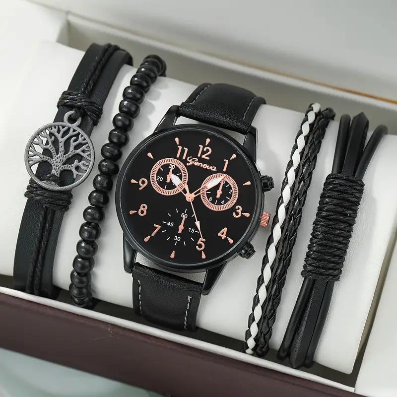 Men's Canvas Quartz Watch & PU Bracelet Set with Single Calendar & Faux Three-Eye Design