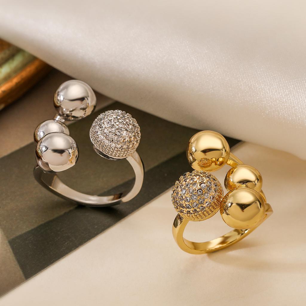 2025 New Fashion Silver/Gold Color High Polish Copper Zircon Jewelry Unique Design Geometric Ball Shape Rings For Women