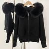 Damen Übergroßer Strick-Cardigan Mit Abnehmbarer Echtfuchsfell-Kapuzenrand Lockerer Schnitt Langarm Reißverschluss Vorne Pullover