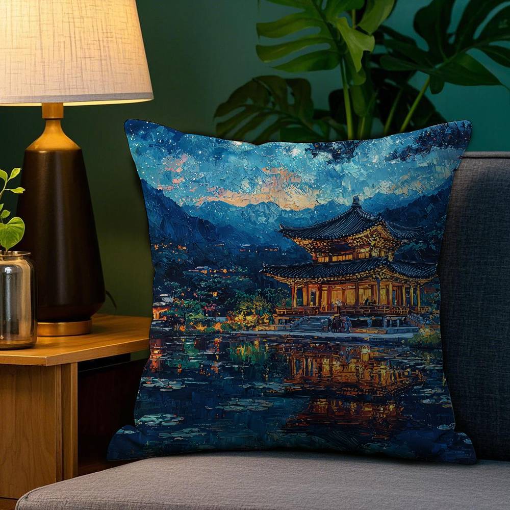 

Korea Foguo Temple Pillow Case Plush Fabric Soft Double Sided Print Sofa Cushion Cover Throw Pillow Covers 16x16Inch