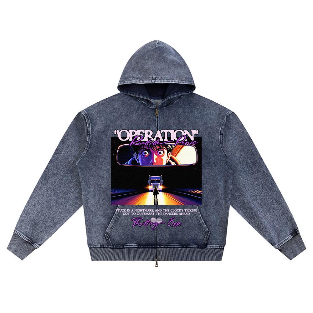 

Худи на молнии из вязаного денима с принтом DTG, мультяшной графикой и принтом Brother XL темно-синий