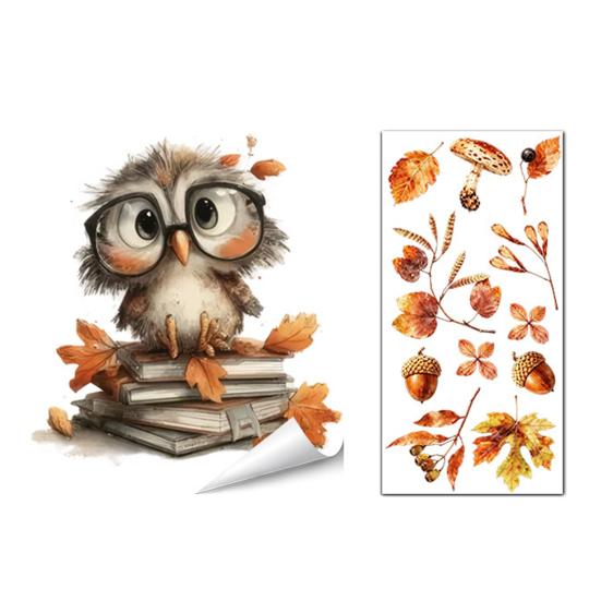 Decorative Window Film for Autumn Decor Static Sticker with Cute Animals & Maple Leaves, Removable Harvest Durable Clings Store Fronts