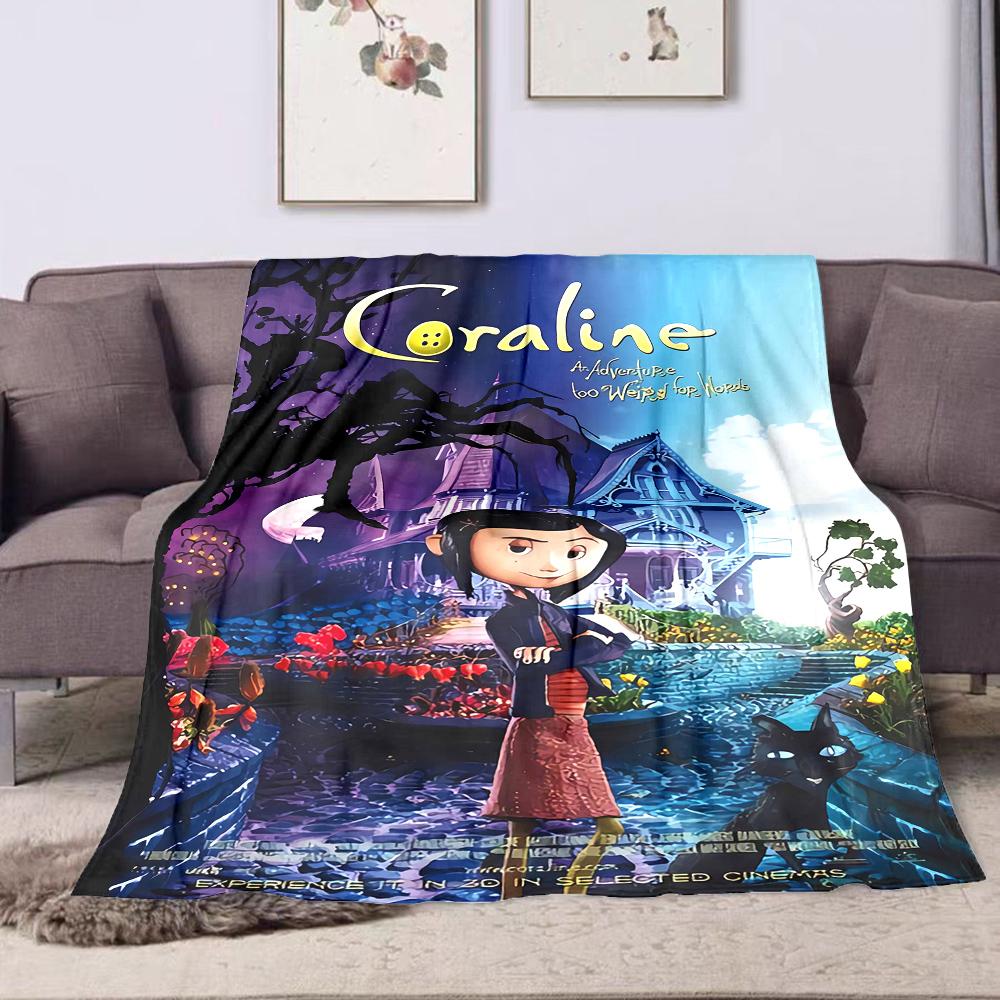 Plush Printed Blanket Coraline Animated Movie Poster Button Girl Black Cat Pink Palace House Gothic Purple for Kids Gift