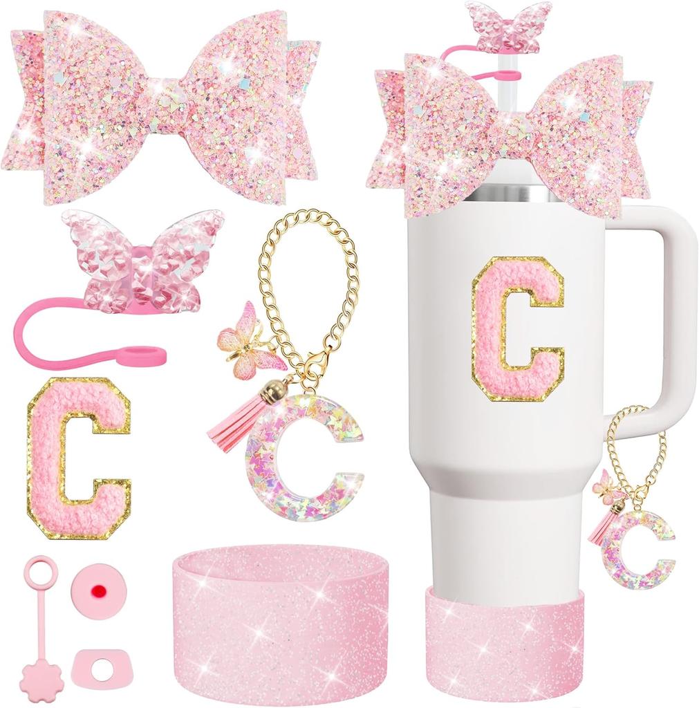 Set 8 buc Accesorii pentru Cană pentru Pahar Stanley 30oz 40oz Topper Paie Capac Acoperiș Boot, Dop Antivărsare Charm Autocolant Inițiale