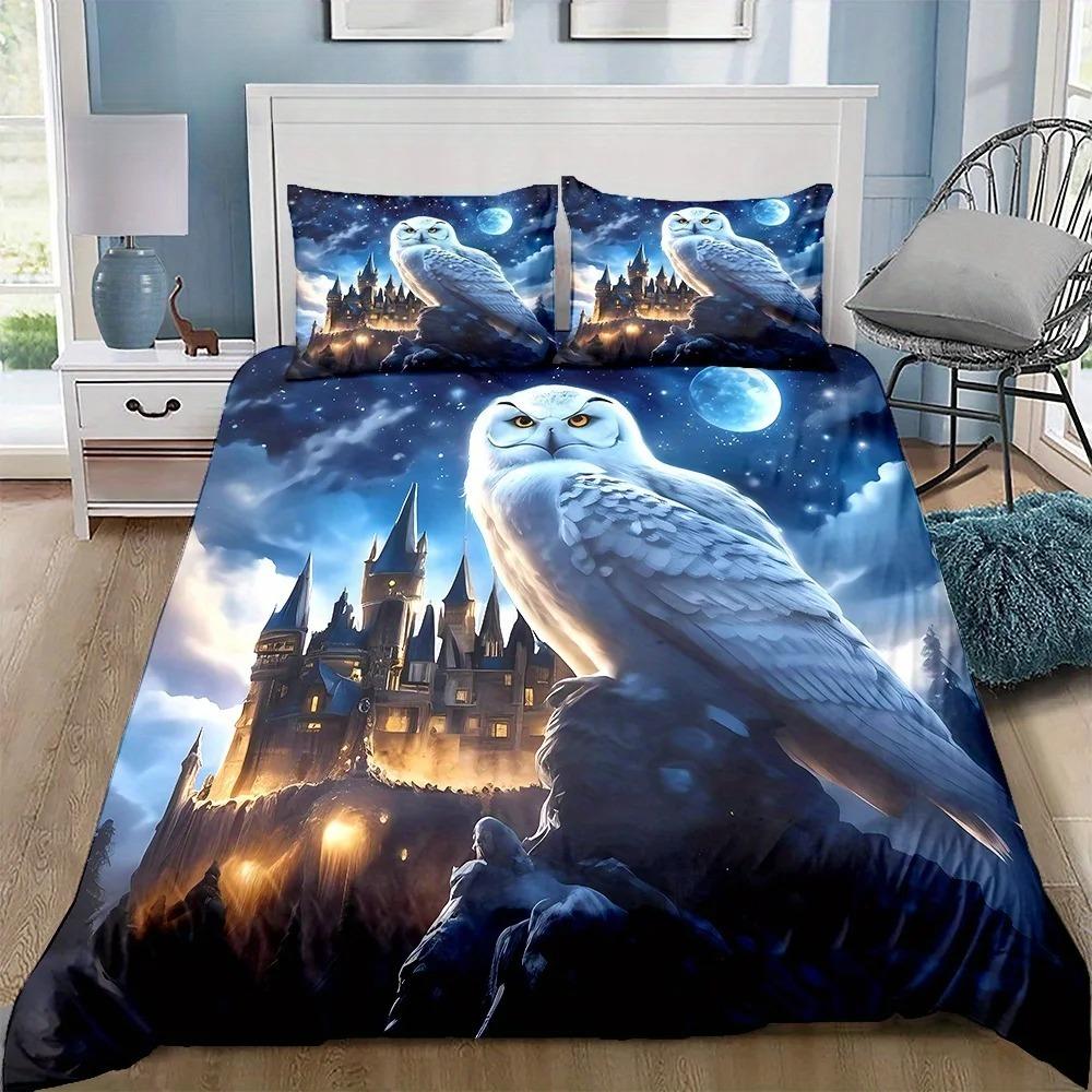 1 Set Anime-Themed Magic Academy Castle & Owl Design Bedding, 3D Digital Print, All-Season Polyester Quilt Cover 1/2 Pillowcases