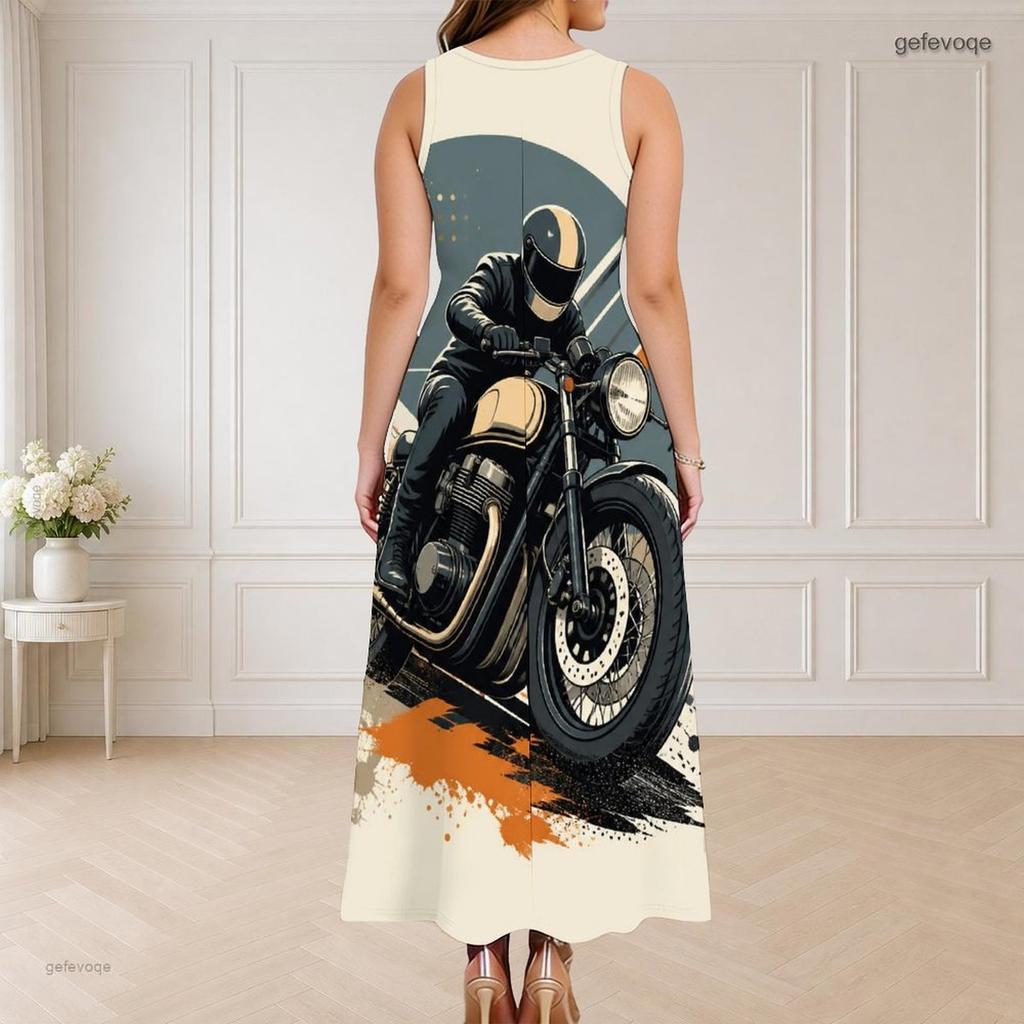 Women Plus Size Round Neck Triple Keyhole Cutout Sleeveless Cartoon Construction Vehicle Printed Maxi Dress