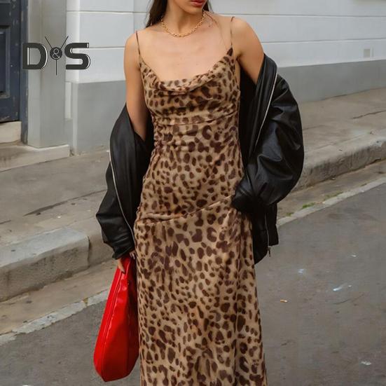 Dámské skluzové šaty Leopardí potisk s úzkým pasem a nízkým výstřihem do V, výstřih do V bez rukávů Plesový koktejlový klub Party Maxi šaty