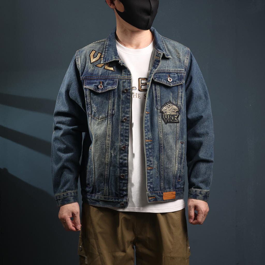 Xintang Men's Distressed Denim Jacket - Loose Fit Long Sleeve Outerwear 2025