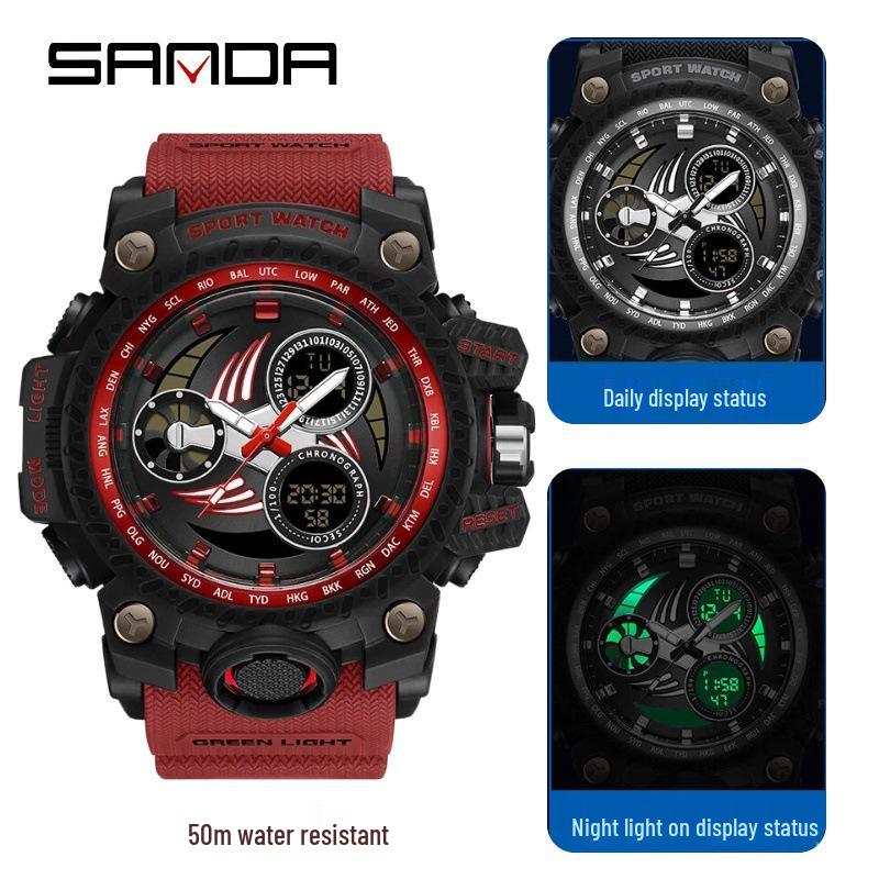 SANDA Men's Multi-function Dual Display Waterproof Sports Alarm Watch