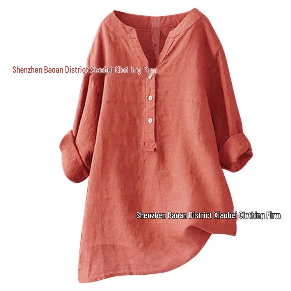 Europäisches und amerikanisches Damen-Top aus Baumwolle und Leinen, locker geschnitten, einfarbig, Modell 2021