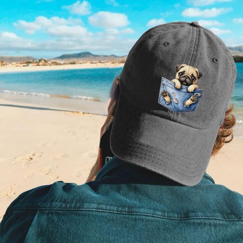 A Cute Dog Pattern Design Adjustable Vintage Washed Baseball Cap, Suitable for Street Outdoor Fashion for Both Men and Women
