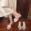 Thick Heel Fashion Crystal Mid-heel Summer 2025 Slippers Women's Open-toed Flower Sandals New Beige