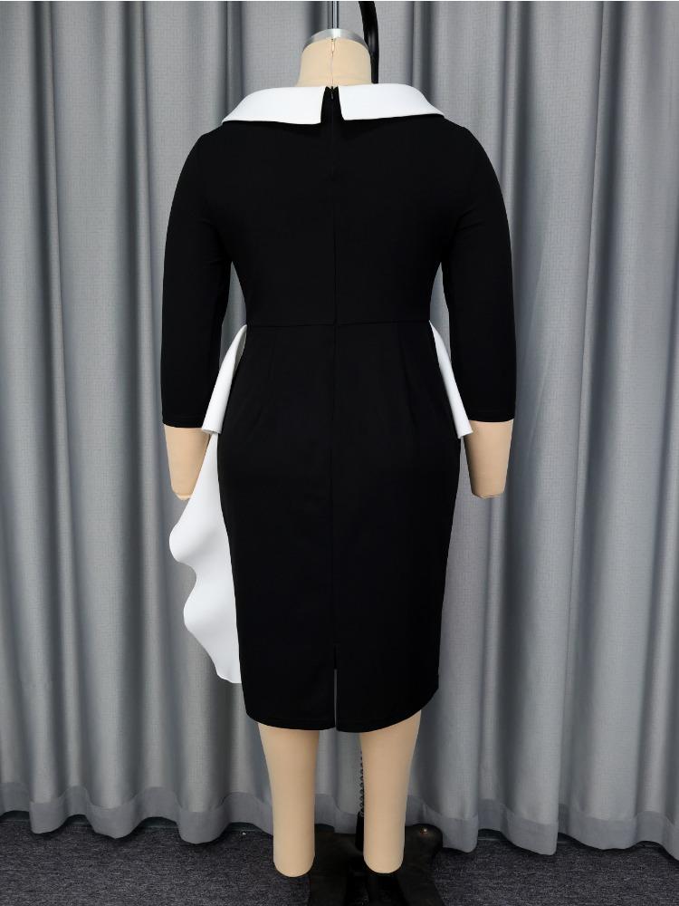 Elegant Women Black White Colorblock Bodycon Dress O Neck 3D Flower Peplum Draped Church Work Party Formal Occasions 2026 New