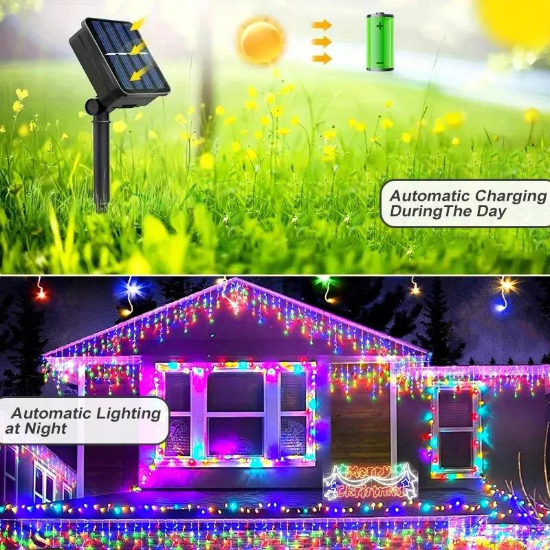 NEW 162/96LED Solar Icicle Outdoor Christmas Lights 8 Modes Waterproof Fairy Lights for Home Party Halloween Holiday Decoration