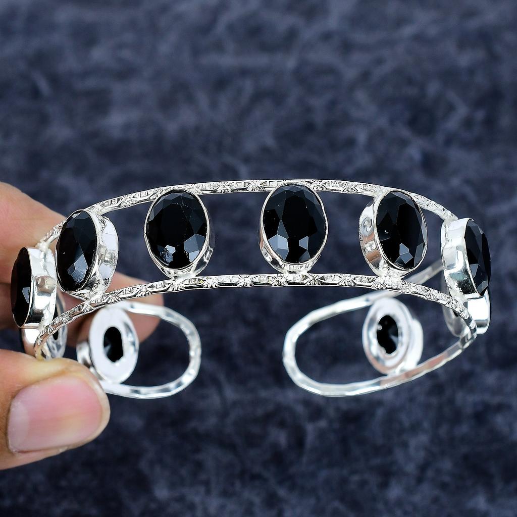 Black Spinel Gemstone Handmade 925 Sterling Silver Cuff Bangle Adjustable M-3332