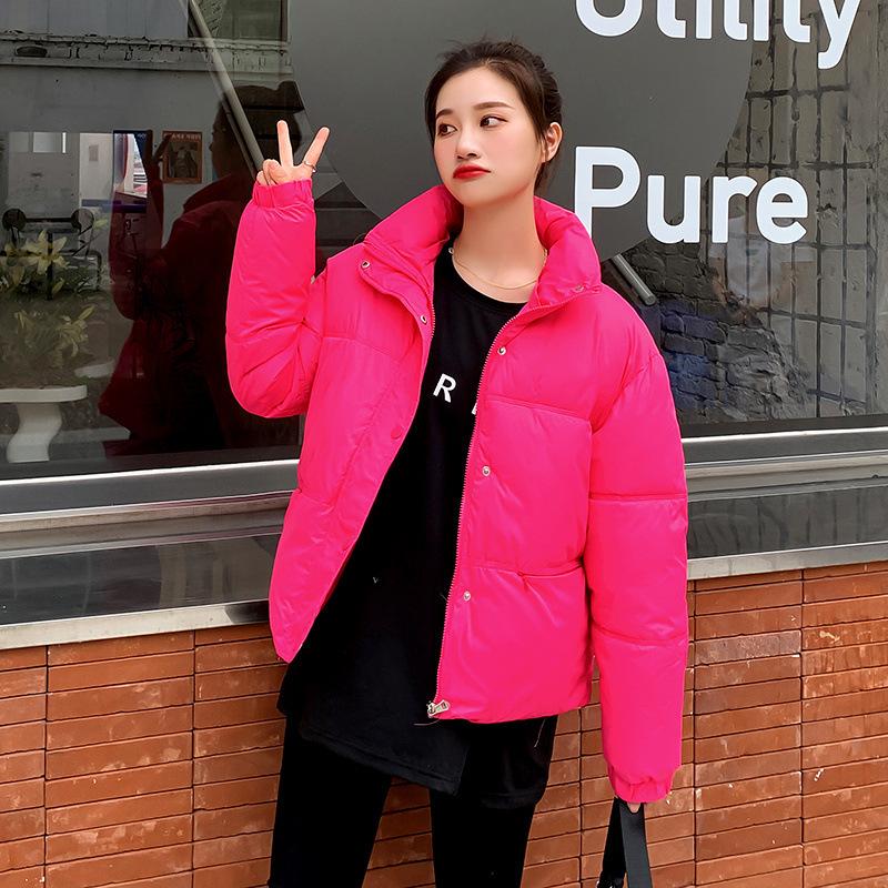 

Жіноча зимова тепла куртка з бавовняною підкладкою, темпераментним коміром-стійкою, цукеркового кольору, короткими шнурками XXL