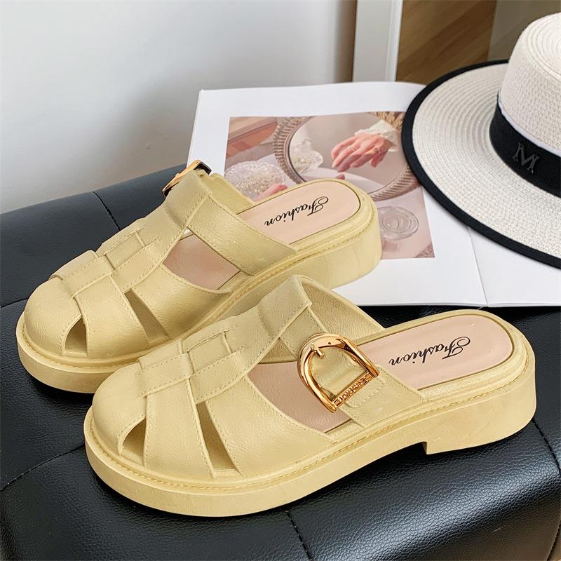 Yuzhihao Women s Summer Casual Half Slippers - Solid Color, Flat, Fashionable Hollow Design Size 40-41