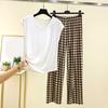 Ladies' Casual And Comfortable Round Neck Solid Color Top With Checkered Printed Pants Plus Size Set