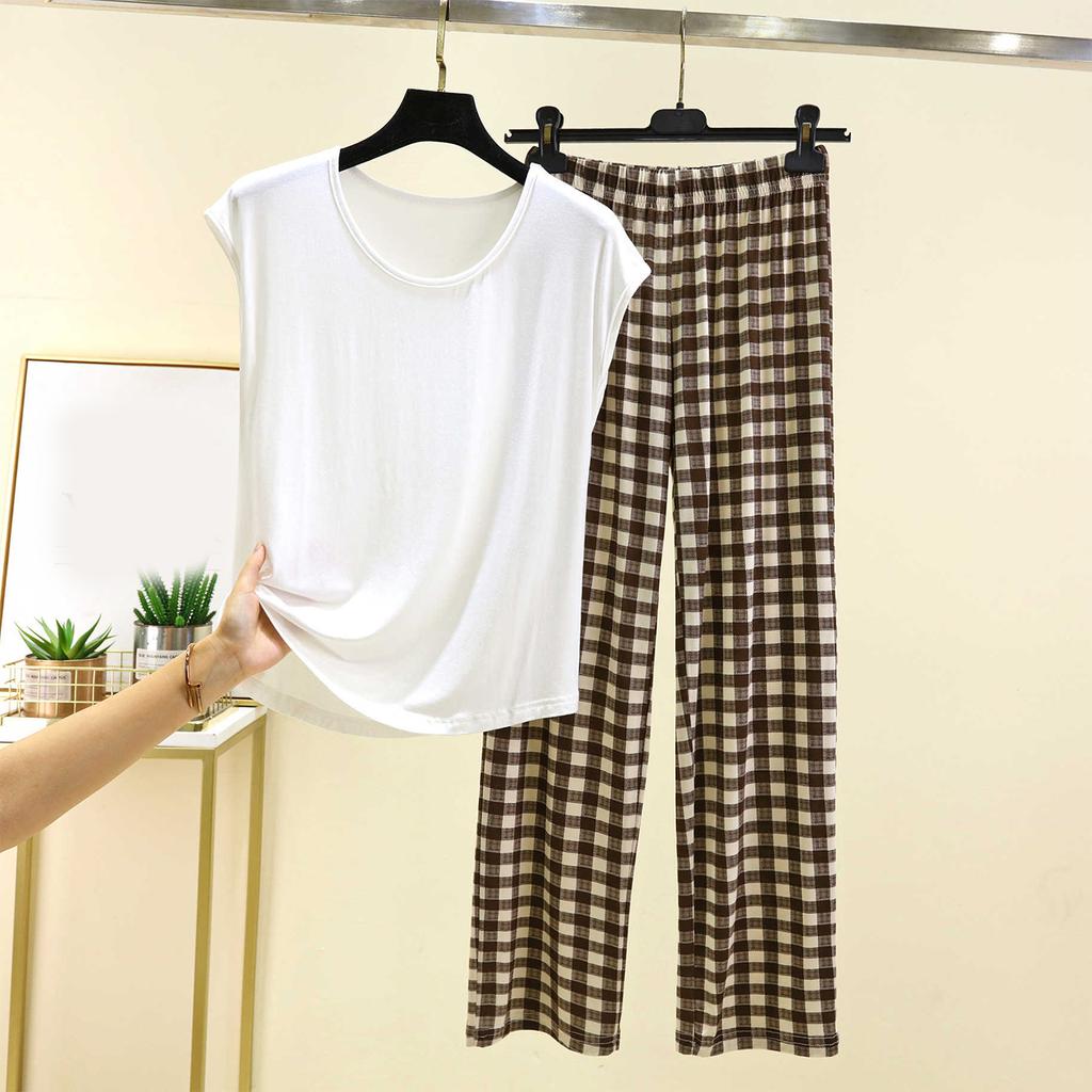 Ladies' Casual And Comfortable Round Neck Solid Color Top With Checkered Printed Pants Plus Size Set