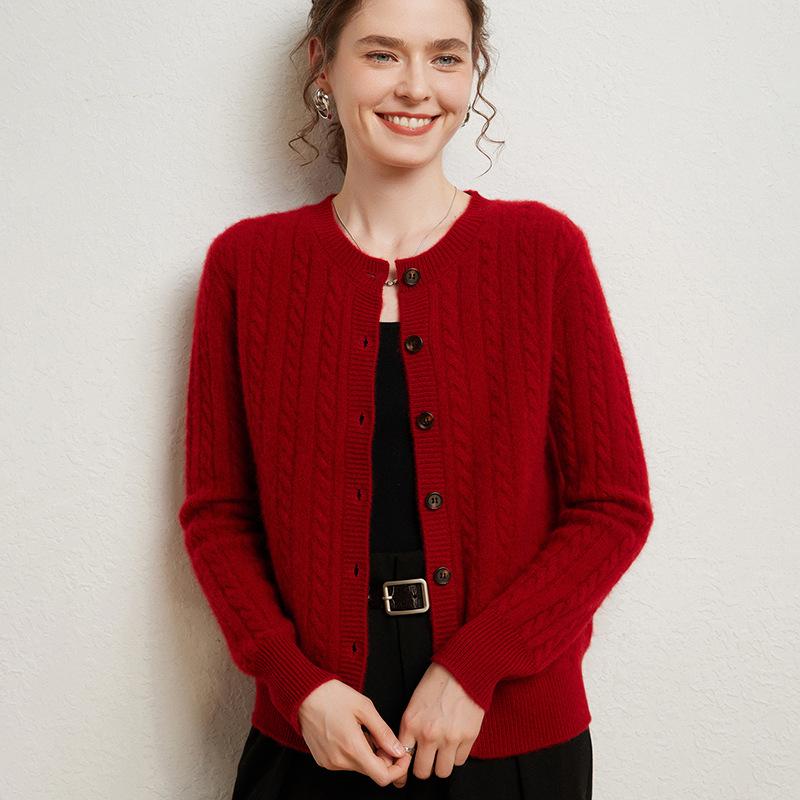 Women's Seven-Stitch Cable Knit Cashmere Cardigan - Long Sleeve, Loose Fit, Slimming, Warm, Round Neck, Single-Breasted