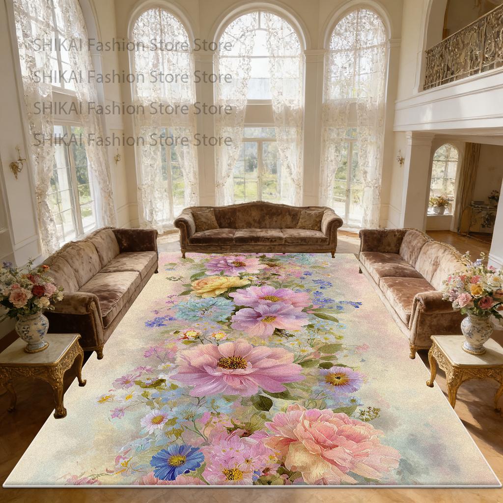 French Countryside Flower Style Living Room Rug Home Decoration Luxury Washable Soft Carpet Large Area Non-slip Fluffy Floor Mat
