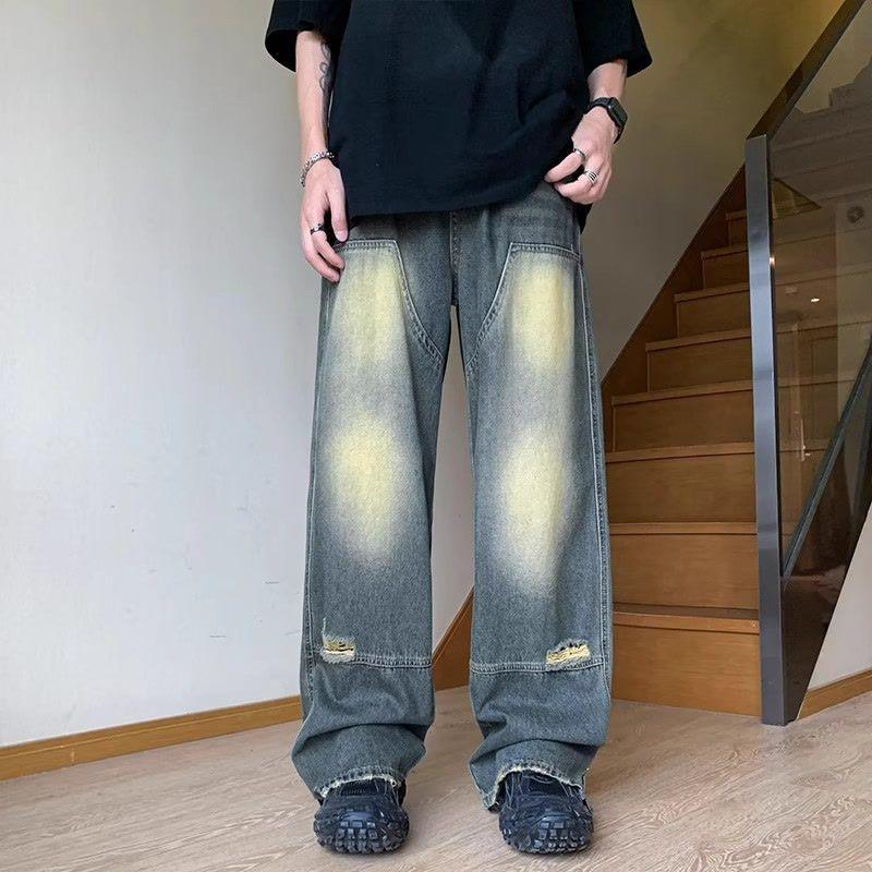 Washed old ripped jeans men's summer American h pants trendy brand drape wide leg straight mopping pants
