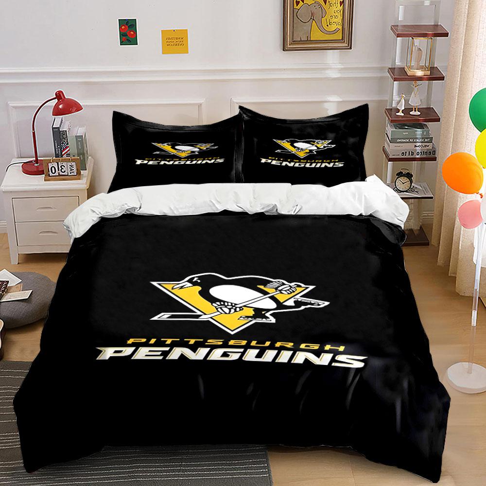 Pittsburgh Penguins Hockey Logo Design Print Bedding Set Duvet Cover Pillowcases (1* Duvet Cover 2* Pillowcases Do Not Include Comforter)