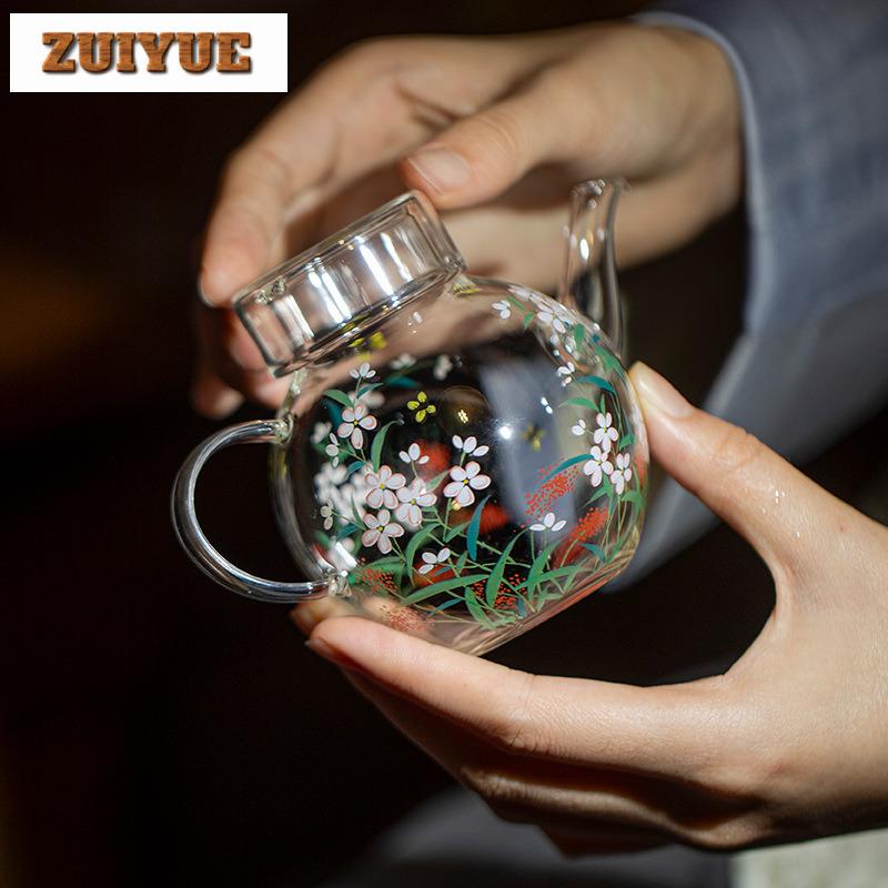 230ml Flowers Glass Teapot Traditional Tea Infuser Pot Household Tea Making Kettle With Strainer Tea Ceremony Accessories Craft