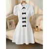 European summer bow decoration elegant short sleeve POLO neck bubble sleeve short dress women