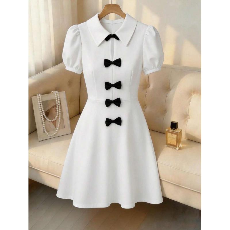 European summer bow decoration elegant short sleeve POLO neck bubble sleeve short dress women