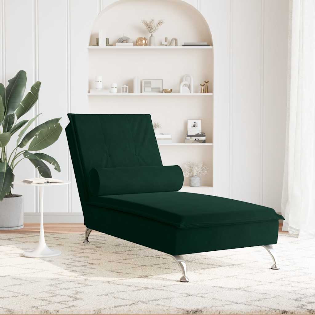 Massage Chaise Lounge with Neck Roll Dark Green Velvet
