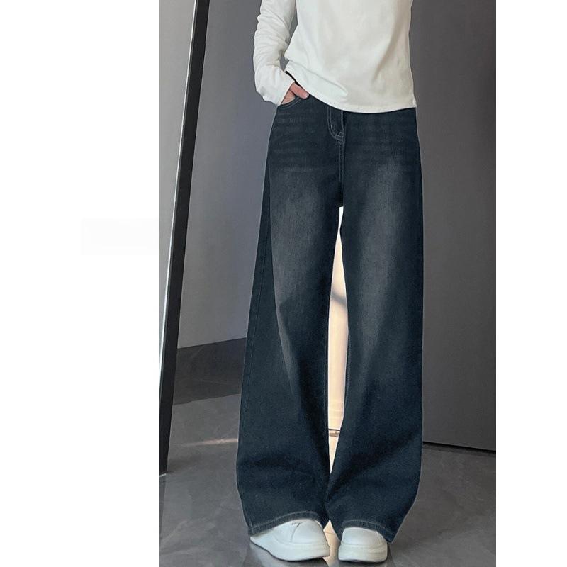 Women's Plus Size High-Waist Fleece-Lined Wide-Leg Jeans, Autumn/Winter Style, Loose Straight Floor-Length Fit.