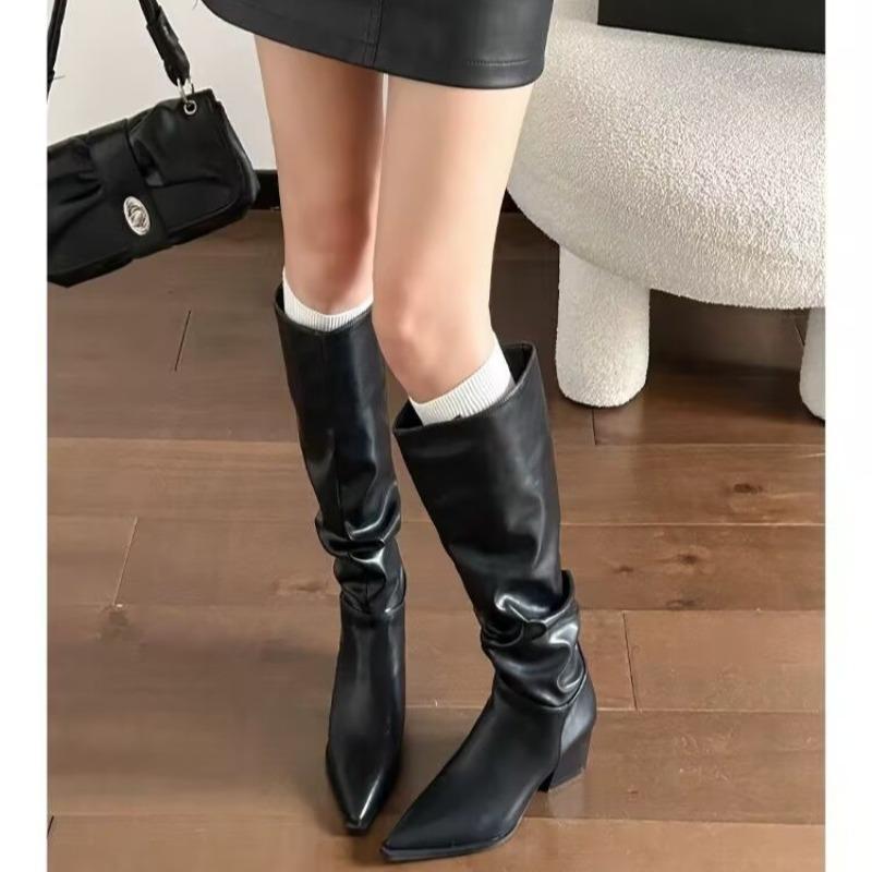 Nuovo Stile Stivali da Donna Punta Tonda Effetto Pieghettato Mezza Gamba Colore Castagna con Tacco Grosso Stivali da Cowboy Popolari Taglia Grande Zapatos Mujer