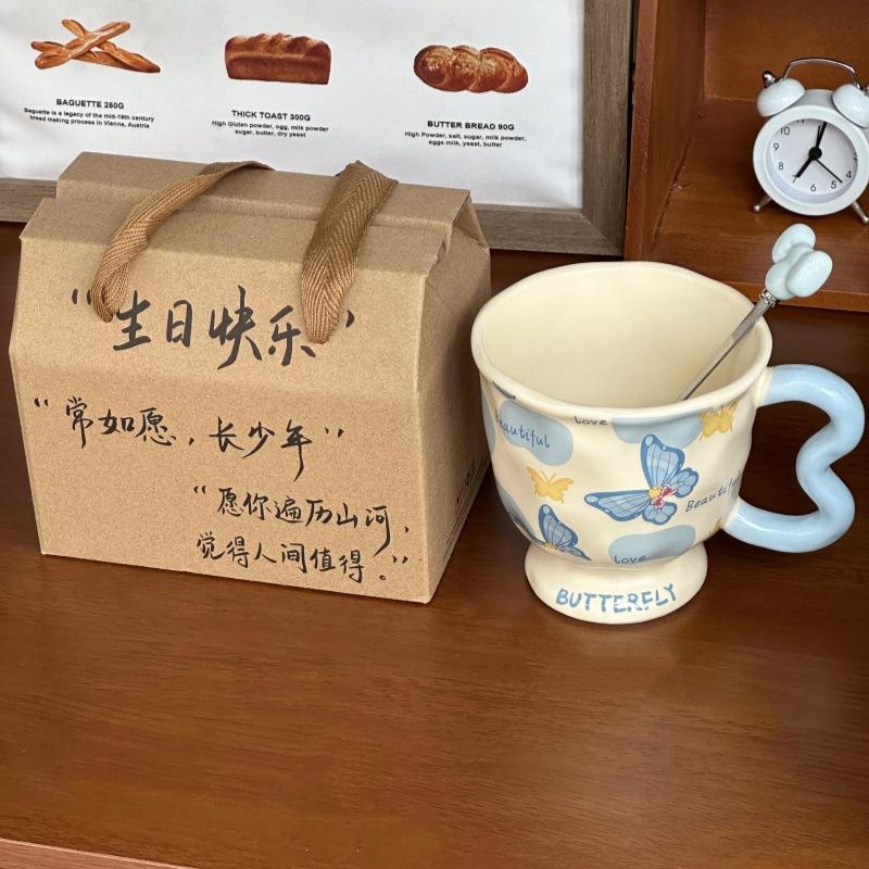 Ins styl prémiový motýlkový hrnek dárek k narozeninám pro dívky praktický keramický hrnek suvenýrový hrnek dárková krabička