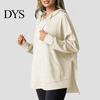 Waffle Texture Women Hoodie Fall Spring Big Pocket Drawstring Hooded Loose Slit And Autumn For Hem Pure Color Knitted Sportwear Top Warm Winter
